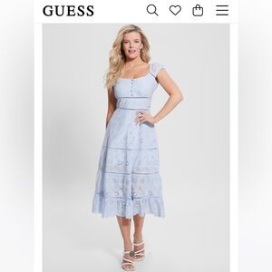 Guess-Elegant-Baby Blue-Cap Sleeves-Long Eyelet Dress- 100% Cotton-NWT